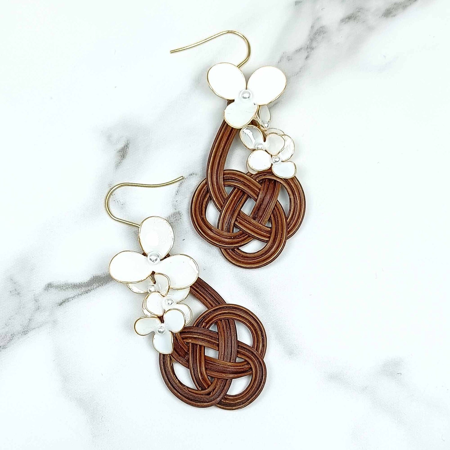 White Flower Weaved Wicker Teardrop Earrings