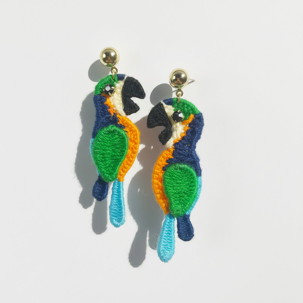 Pair of parrot-shaped earrings on a light gray background