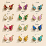 Birthstone butterfly stud earrings chart featuring 12 monthly gemstone-inspired butterfly colors