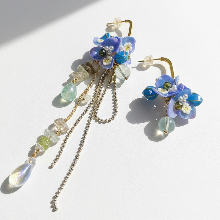 Floral earrings with beads on a white background