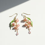 Pair of floral earrings with pink flowers and green leaves on a white background