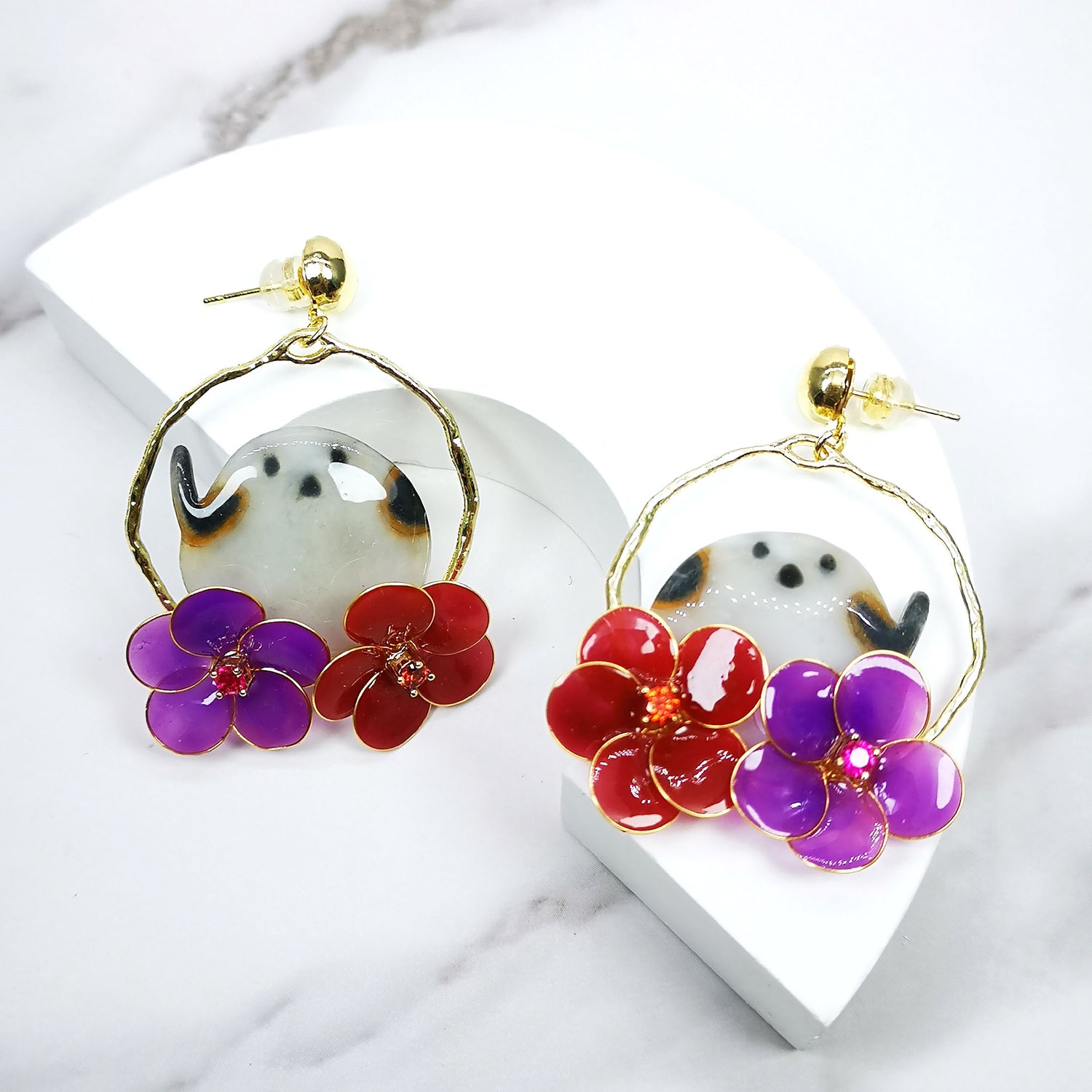 Bird and Flowers Hoop Earrings