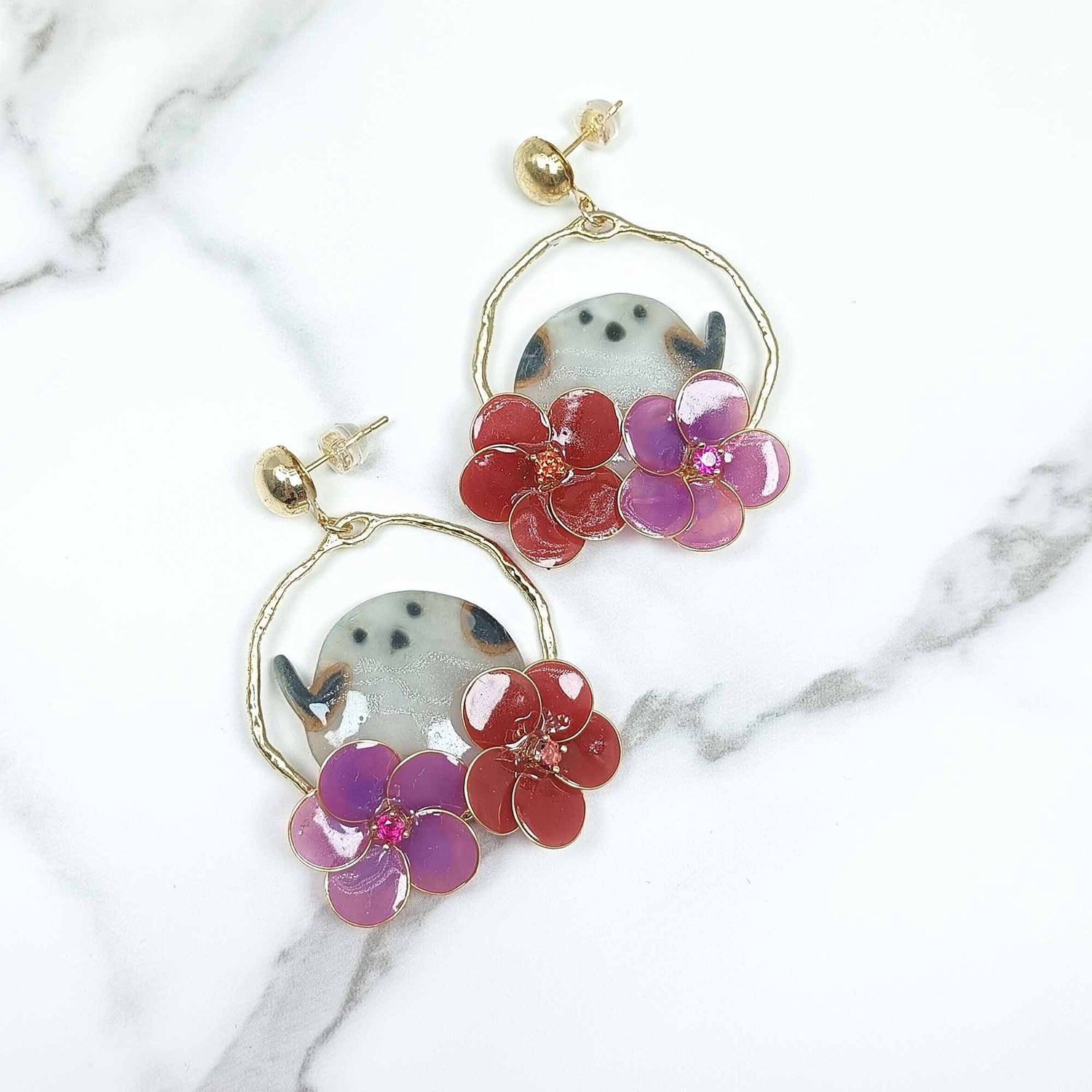 Bird and Flowers Hoop Earrings