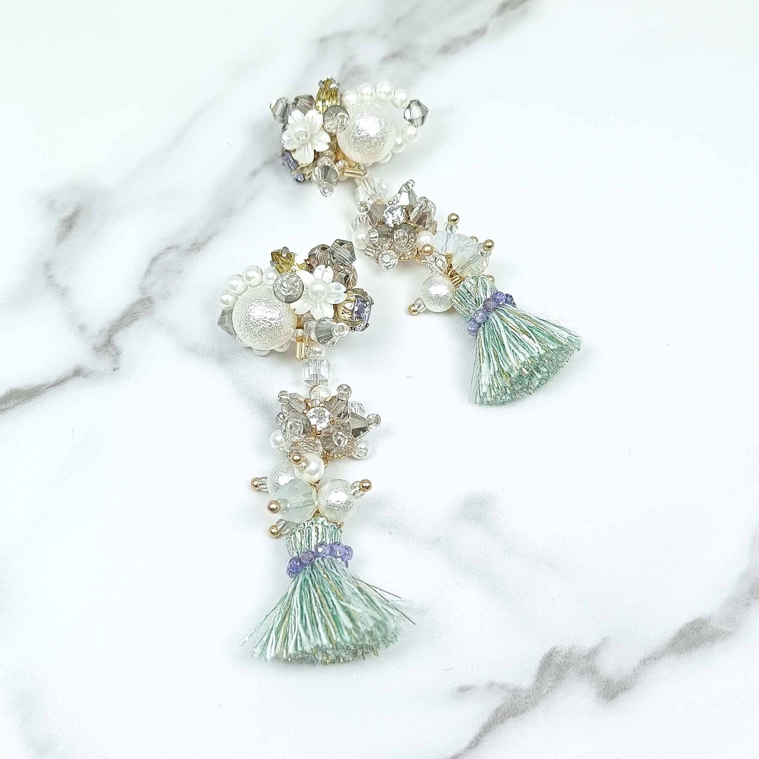 Sakura Flower and Pearl Tassel Stud Earrings