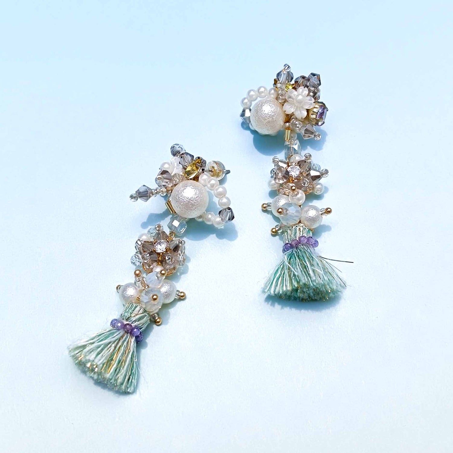 Sakura Flower and Pearl Tassel Stud Earrings