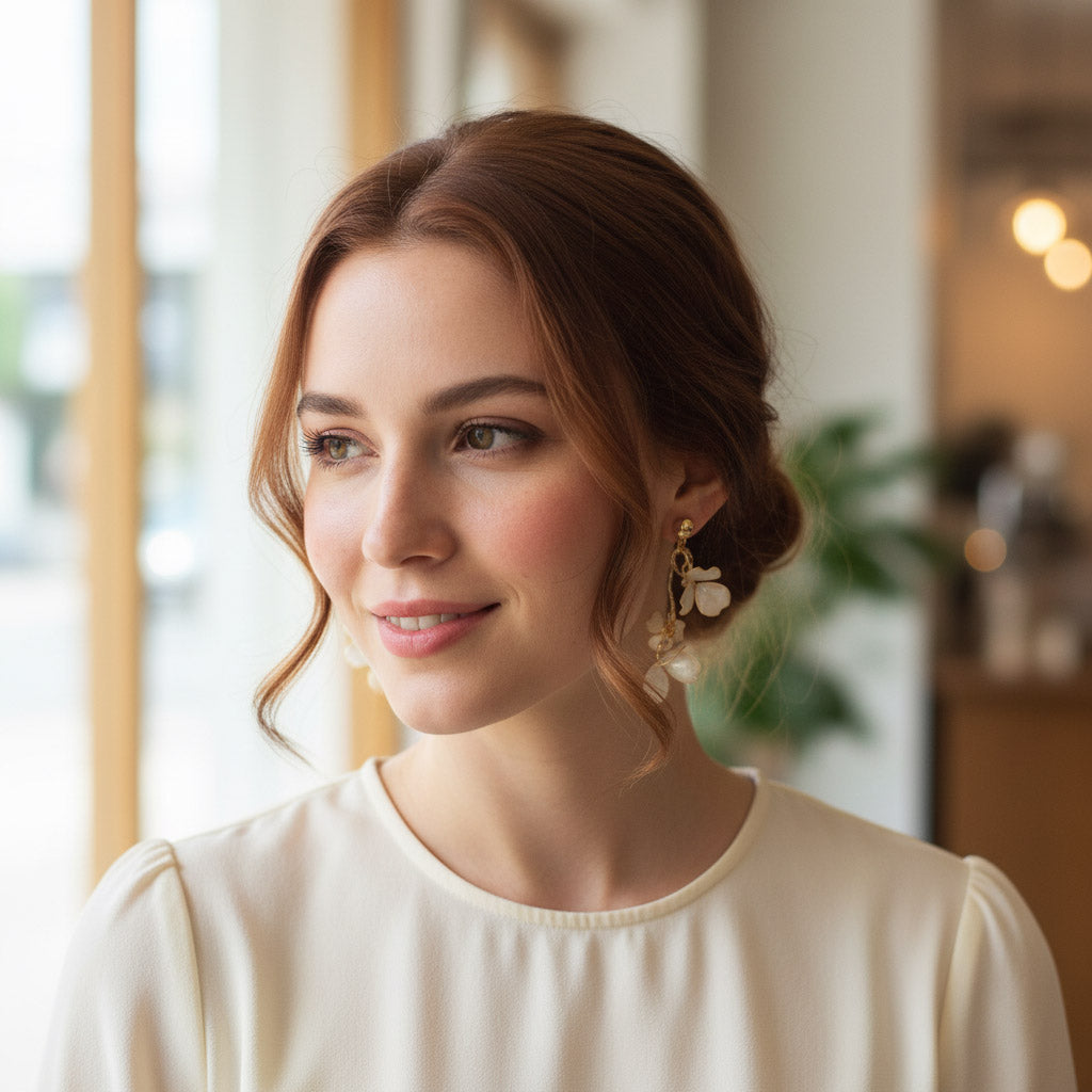 Woman wearing a white blouse with a blurred indoor background