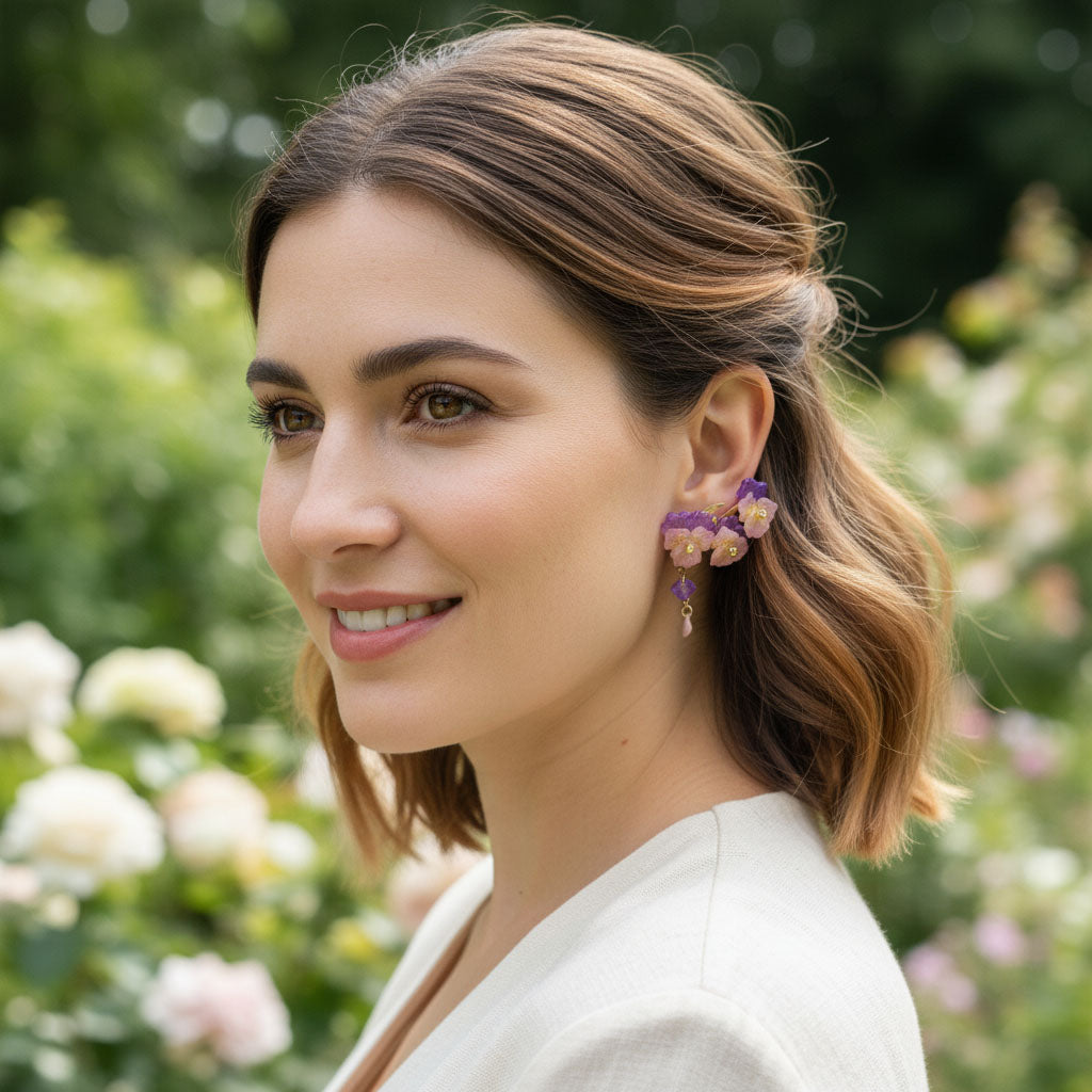 Woman with floral earrings in a garden setting