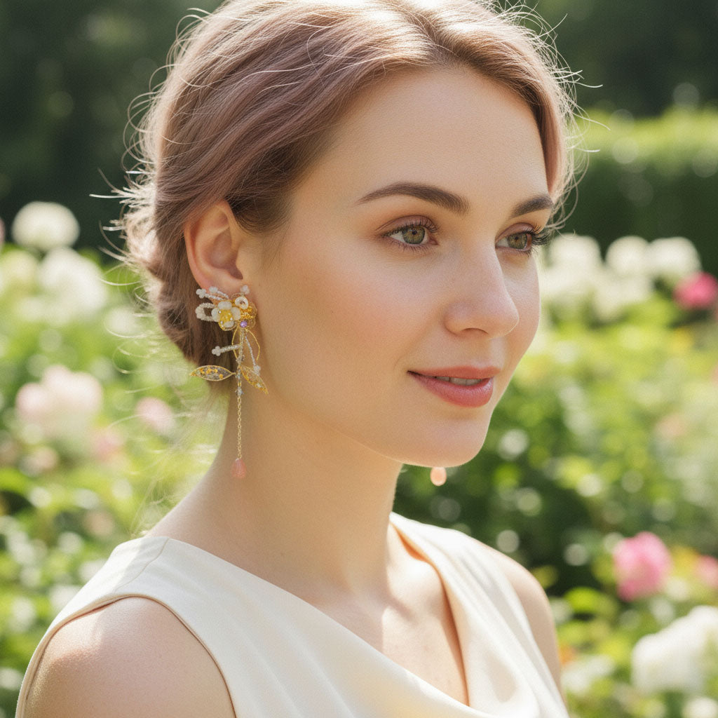 Woman wearing gold earrings with a garden background