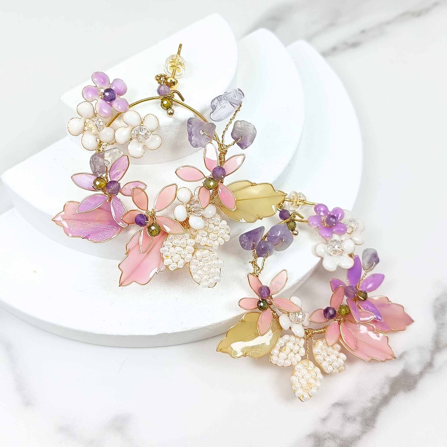 Handcrafted Garden Bloom Hoop Earrings – Pastel Floral, Pearl & Crystal Beaded Statement