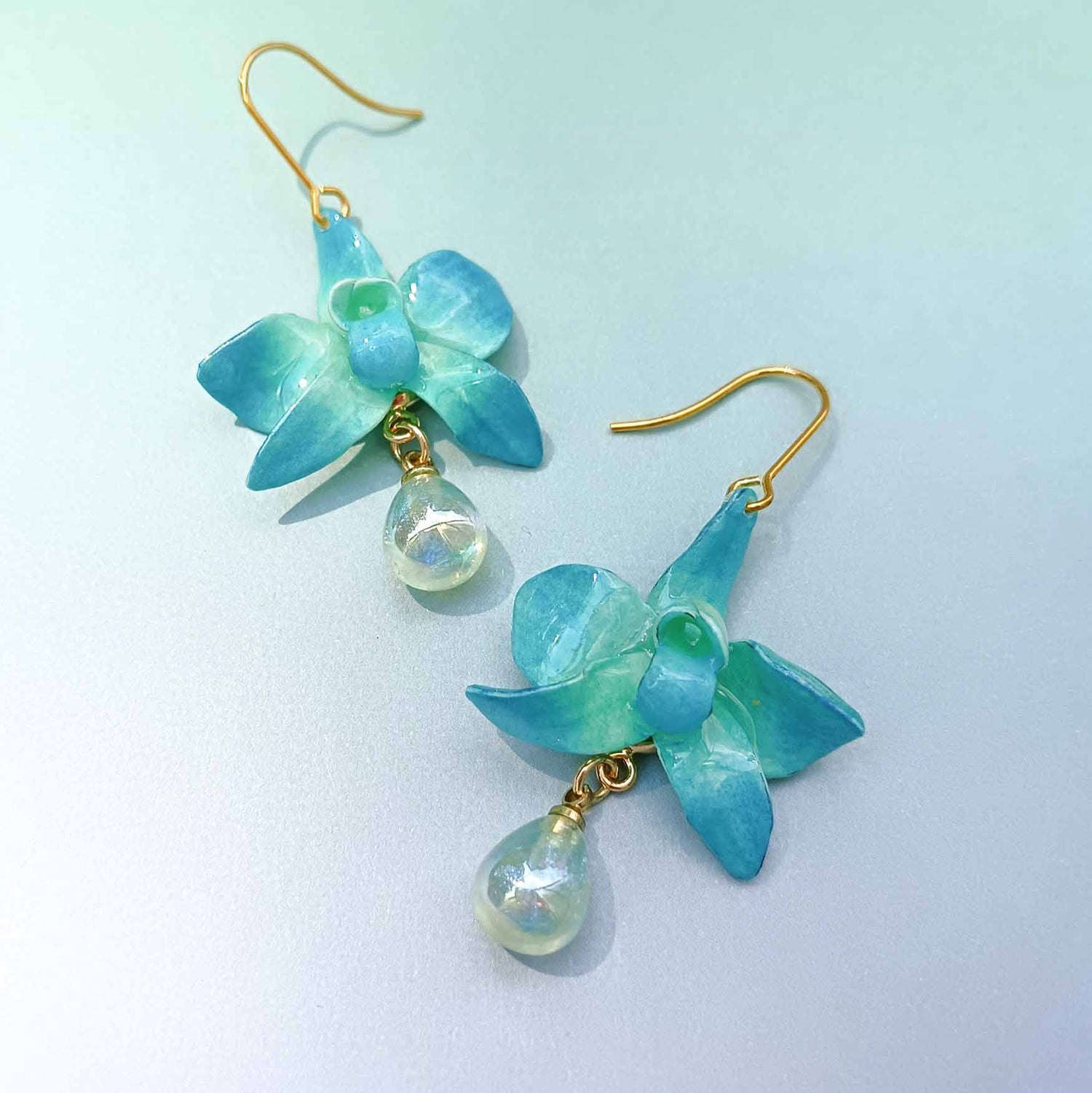 Blue Orchid Drop Earrings – Hand-Painted with Iridescent Teardrop Accent