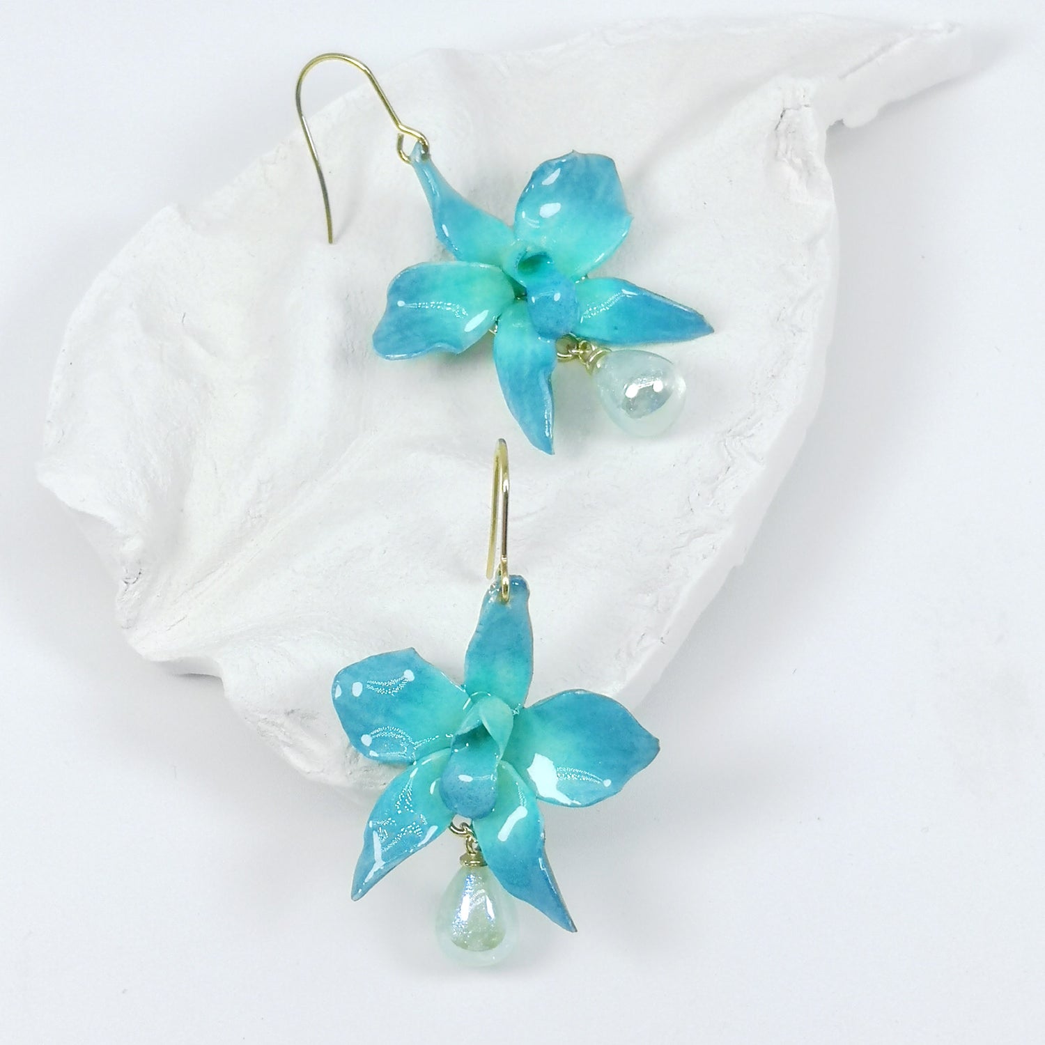 Blue Orchid Drop Earrings – Hand-Painted with Iridescent Teardrop Accent