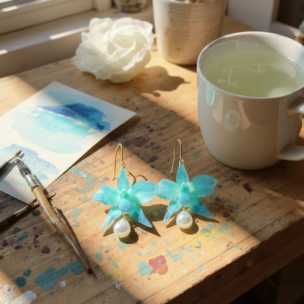 Turquoise flower earrings on a wooden surface with a mug of tea and art supplies.
