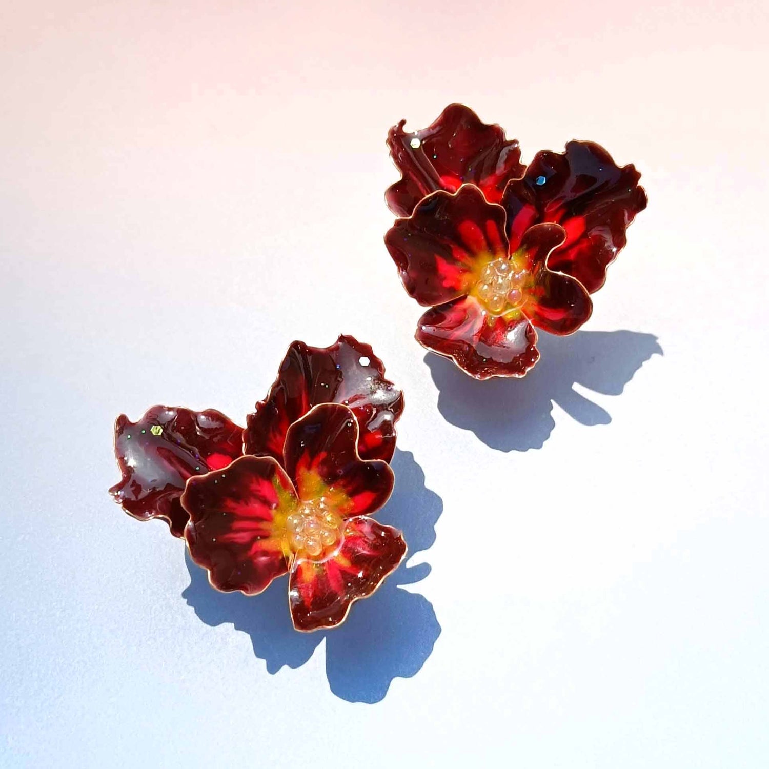 Handpainted Resin Hibiscus Stud Earrings – Bold Red Statement
