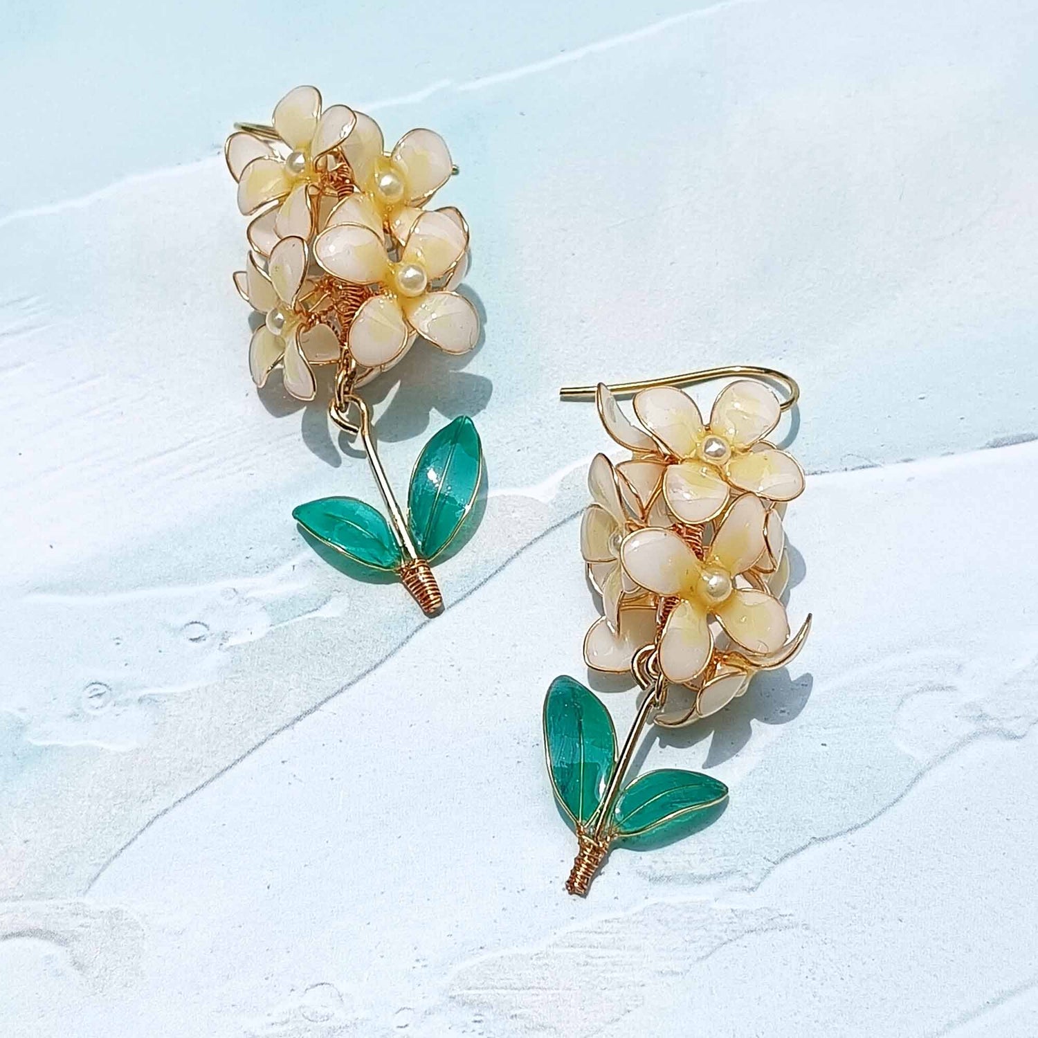 Handmade Hyacinth Flower Resin Earrings with Green Leaves