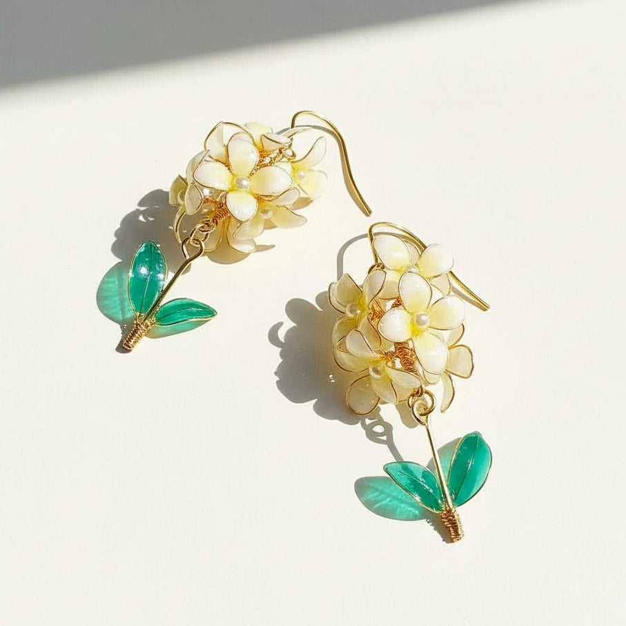 Floral earrings with gold accents on a white background
