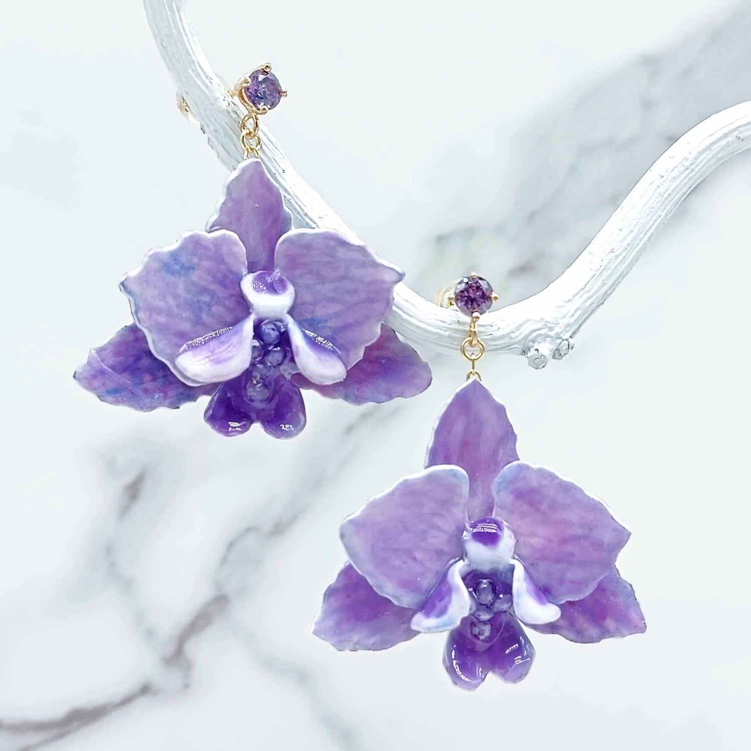 Handpainted Purple Orchid Flower Earrings – 18K Gold-Plated Studs with CZ Crystals