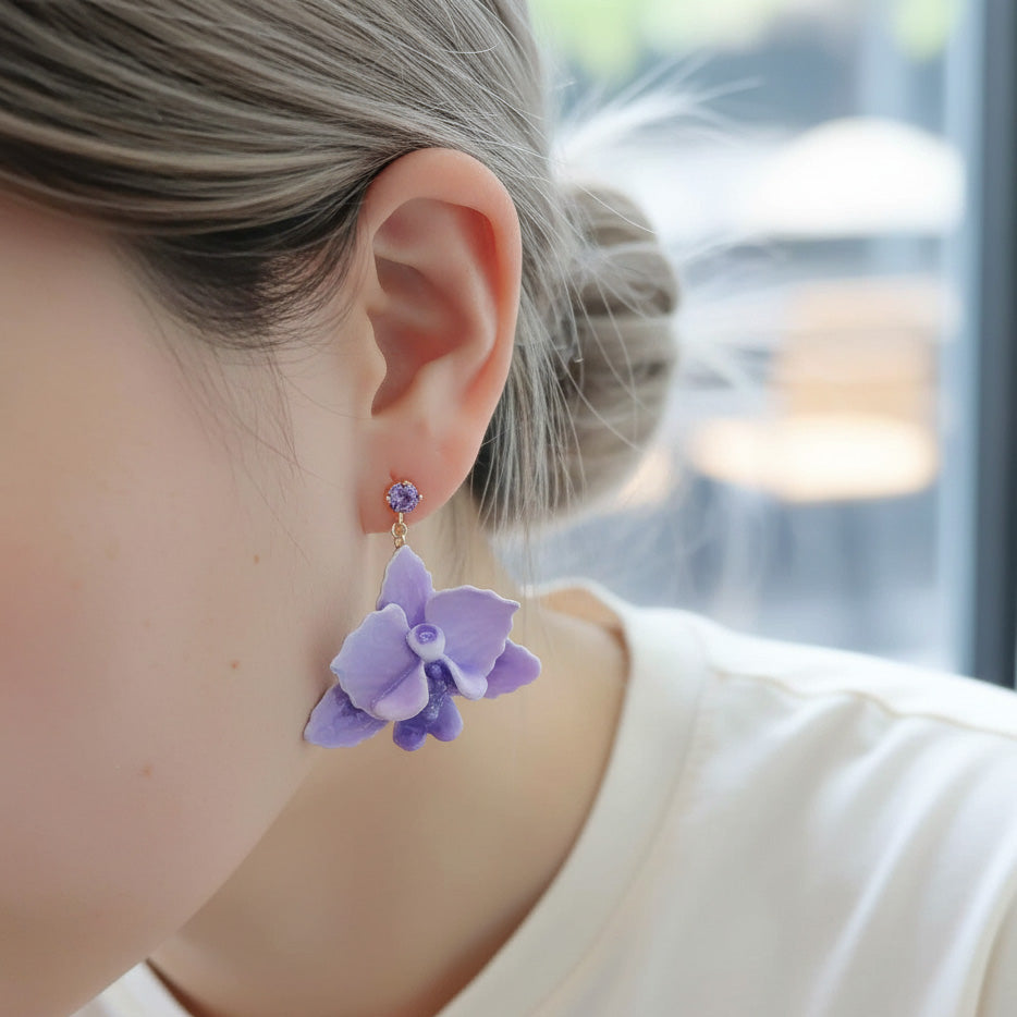 Handpainted Purple Orchid Flower Earrings – 18K Gold-Plated Studs with CZ Crystals
