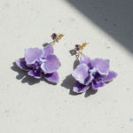 Purple flower-shaped earrings on a light gray surface