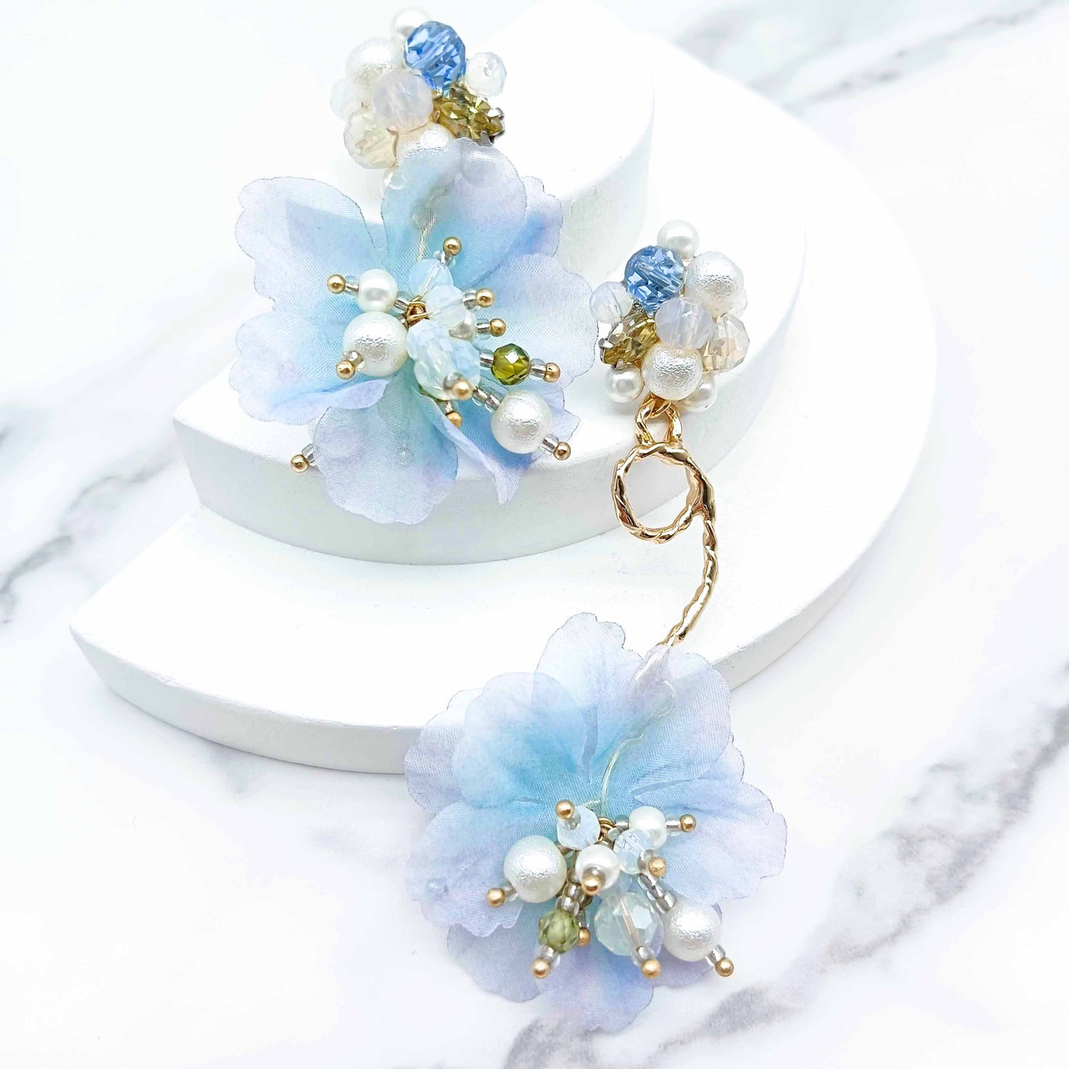 Handmade Blue Fabric Flower & Glass Bead Earrings – Long Dangle Floral Statement Jewelry