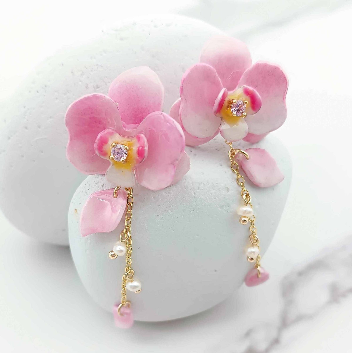 Handpainted Pink Orchid Dangle Earrings with Pearls & CZ – Gold-Plated Studs