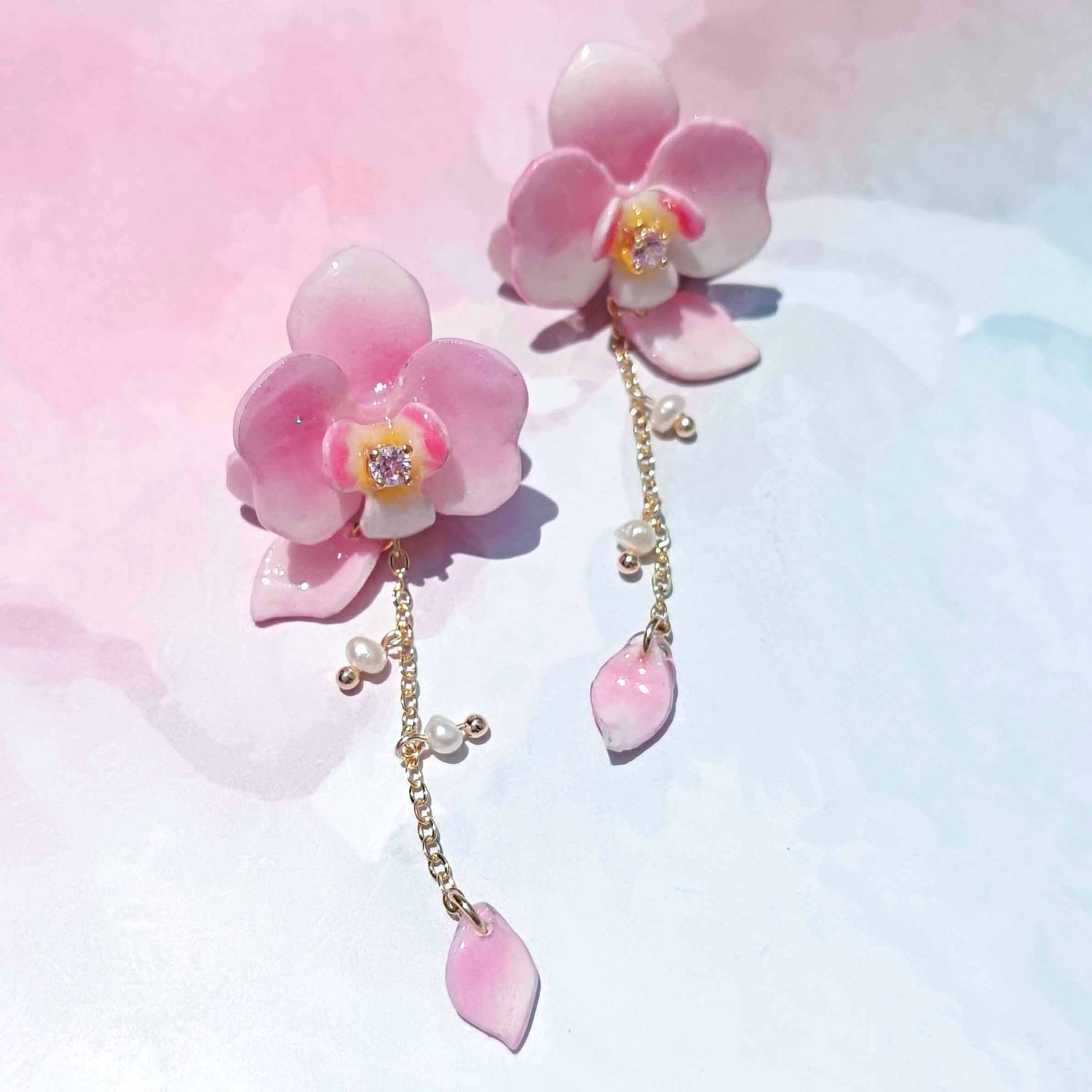 Handpainted Pink Orchid Dangle Earrings with Pearls & CZ – Gold-Plated Studs