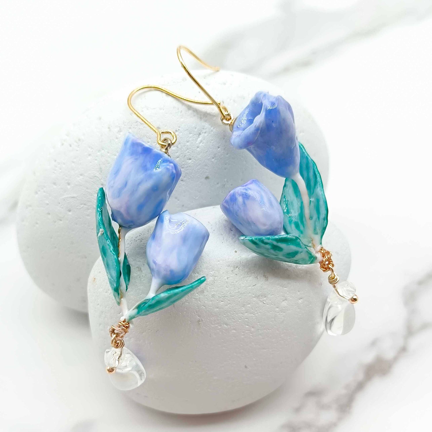 Blue Tulip Drop Earrings – Hand-Painted Enamel Flowers with Teardrop Crystal