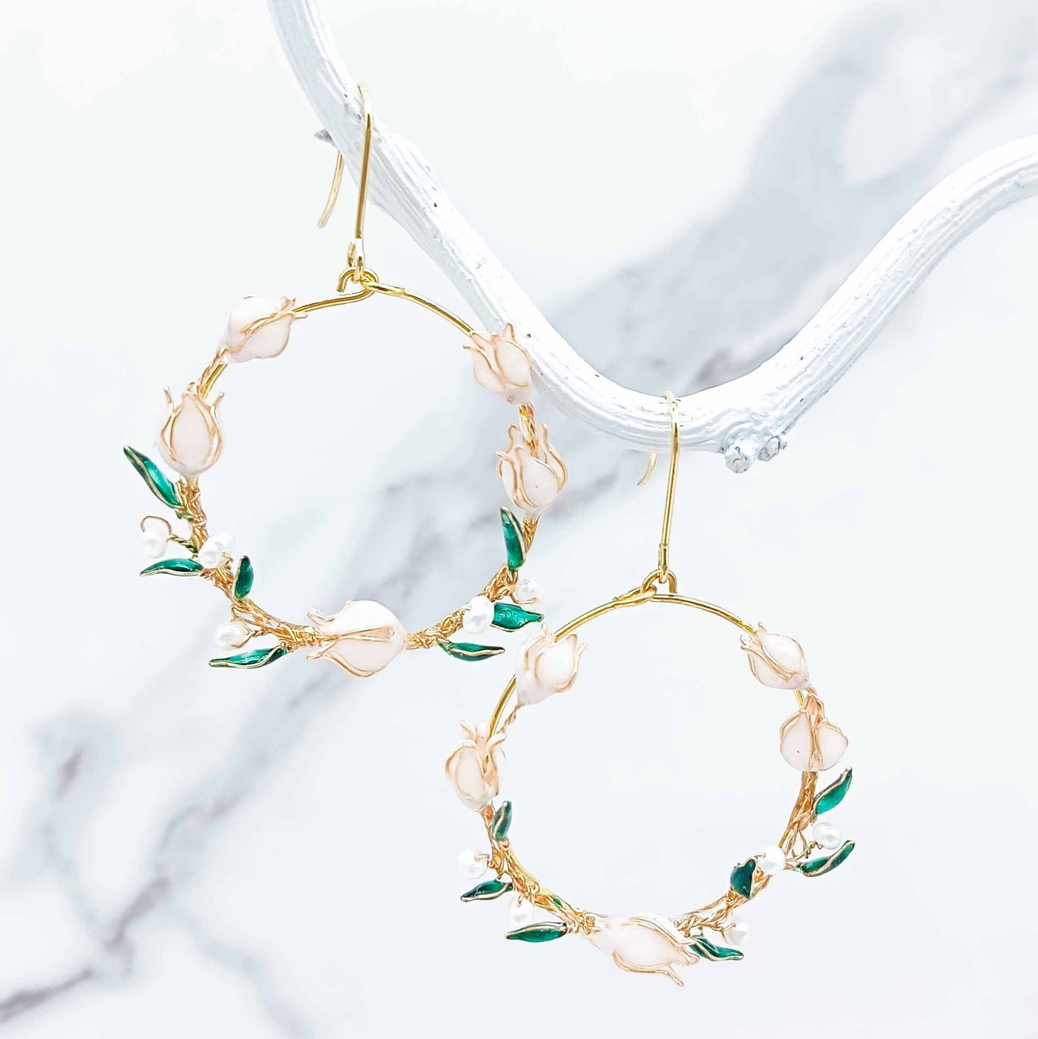 Lily of the Valley Hoop Earrings – Pearl & Enamel Floral Hoops