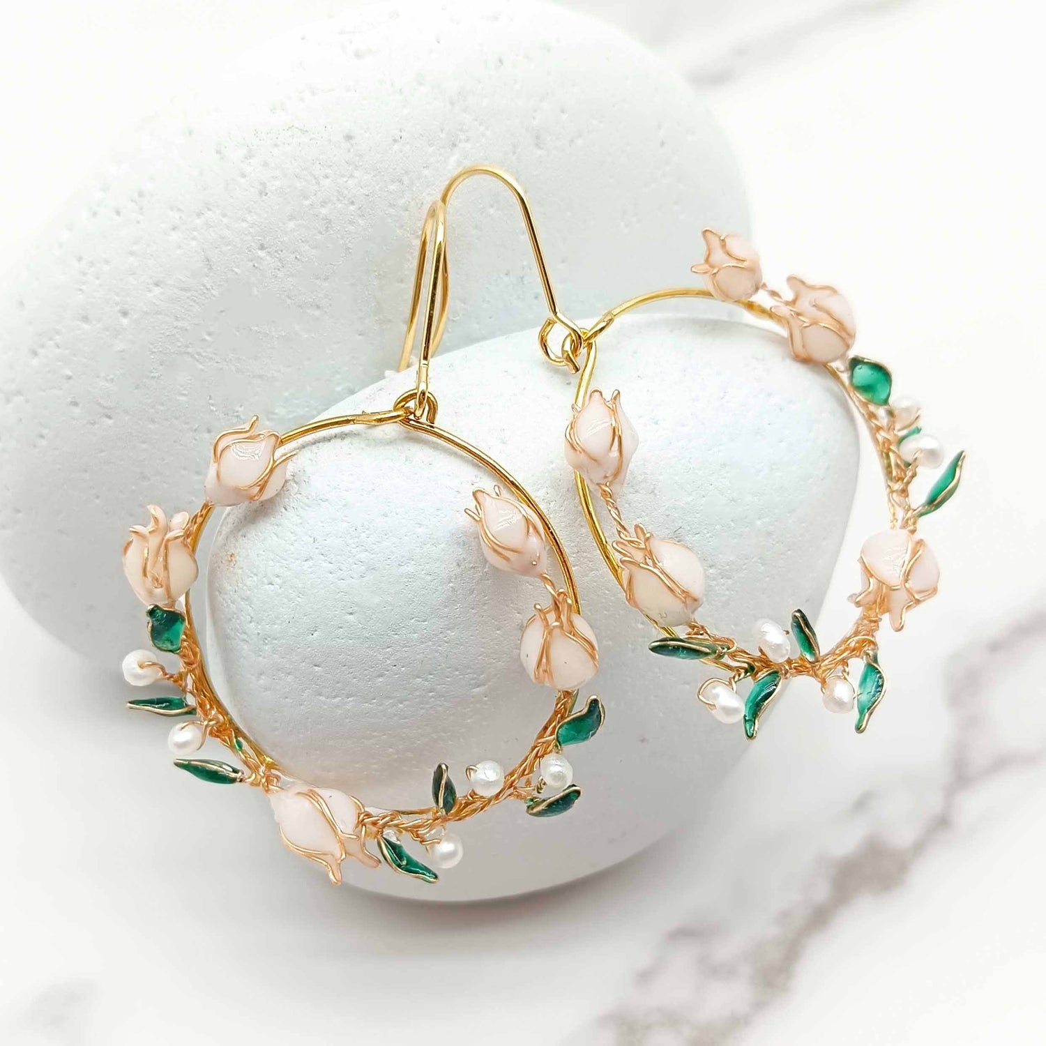 Lily of the Valley Hoop Earrings – Pearl & Enamel Floral Hoops