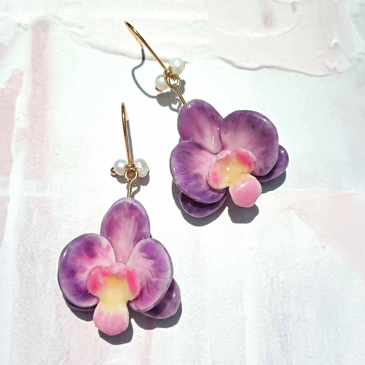 Purple Orchid Flower Drop Earrings – Handcrafted Resin & Pearl | 18k Gold Plated Brass