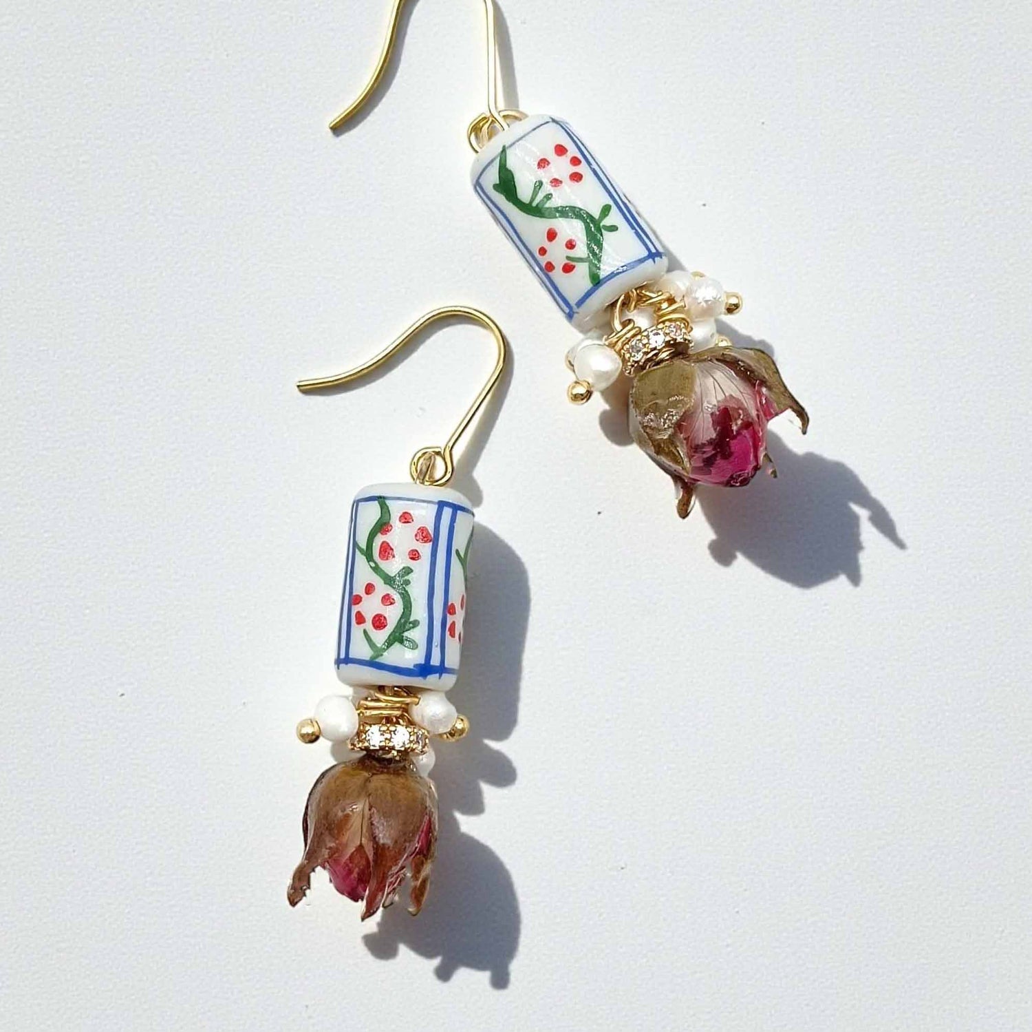 Pair of earrings with floral design on a white background
