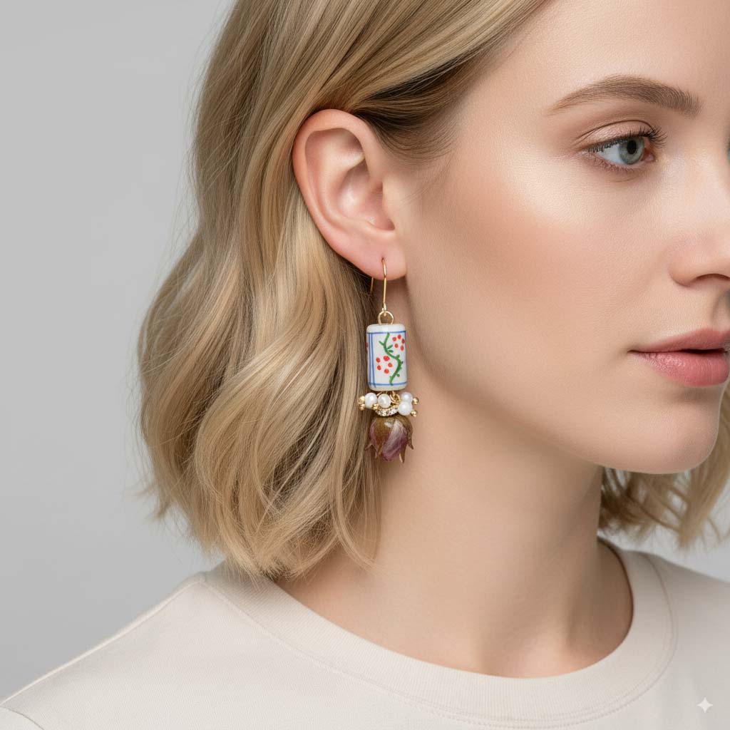 Close-up of a woman wearing an earring with a floral design on a plain background