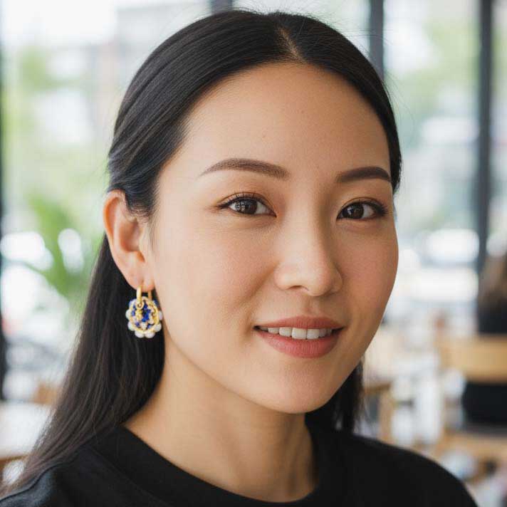 Woman with long dark hair wearing a black top indoors