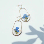 Pair of earrings with blue flowers on a light background