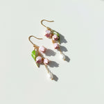 Pair of earrings with pink floral and pearl designs on a light background