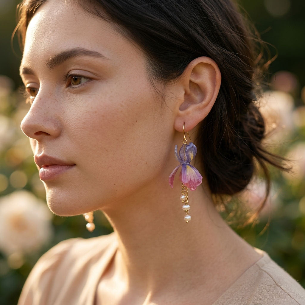 Woman wearing a floral earring with a blurred natural background