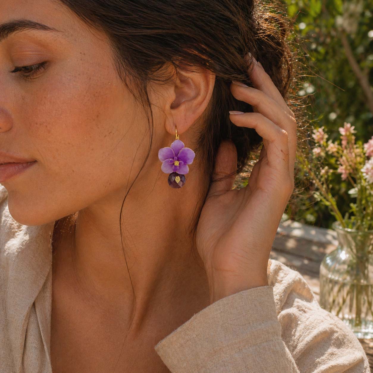 Hand-Painted Orchid & Amethyst Drop Earrings | A2K London