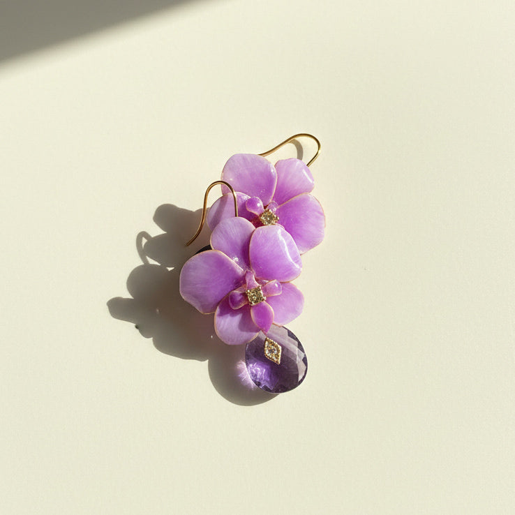 Handcrafted purple orchid flower earrings with faceted amethyst drop and gold hooks