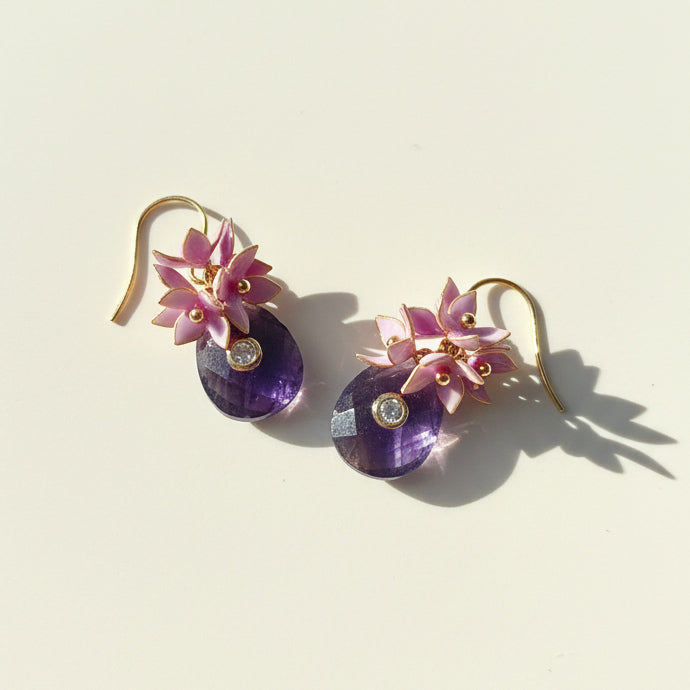 Hand-painted pink floral earrings with faceted amethyst teardrops.