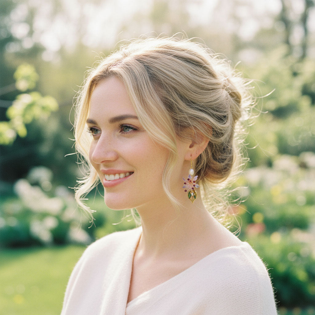 Model wearing A2K London hand-painted pink lily and pearl drop earrings in garden sunlight, elegant feminine style.