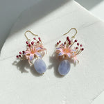 Hand-painted floral earrings with lavender stone and pearl on gold hooks
