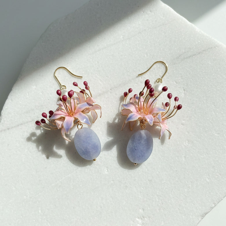 Hand-painted floral earrings with lavender stone and pearl on gold hooks