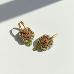 Cloisonné floral earrings with green glass and pearl accents.