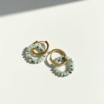 Gold hoops with jade-green beaded ring attachments.