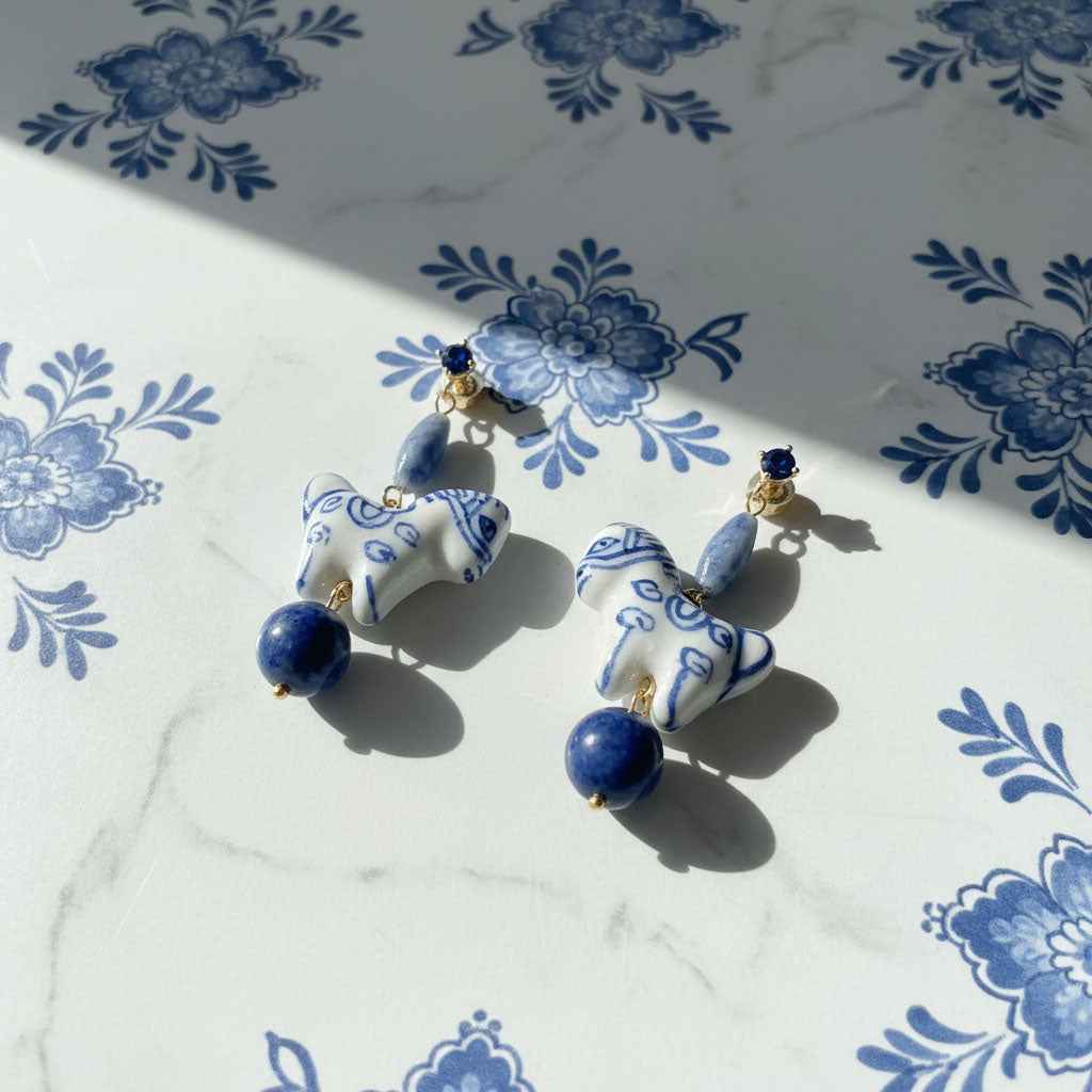 Artisan porcelain horse earrings with lapis lazuli and CZ accents