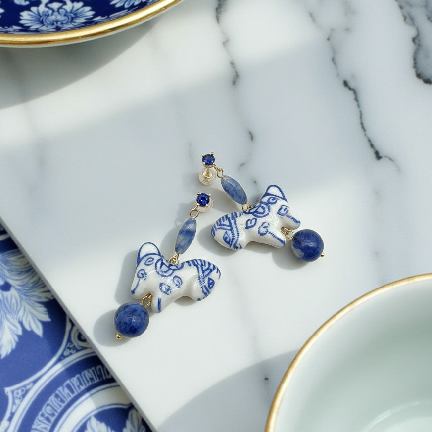 Artisan porcelain horse earrings with lapis lazuli and CZ accents