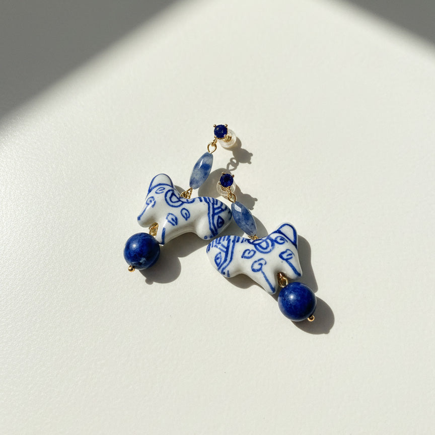 Hand-painted porcelain horse drop earrings with lapis and gold plating