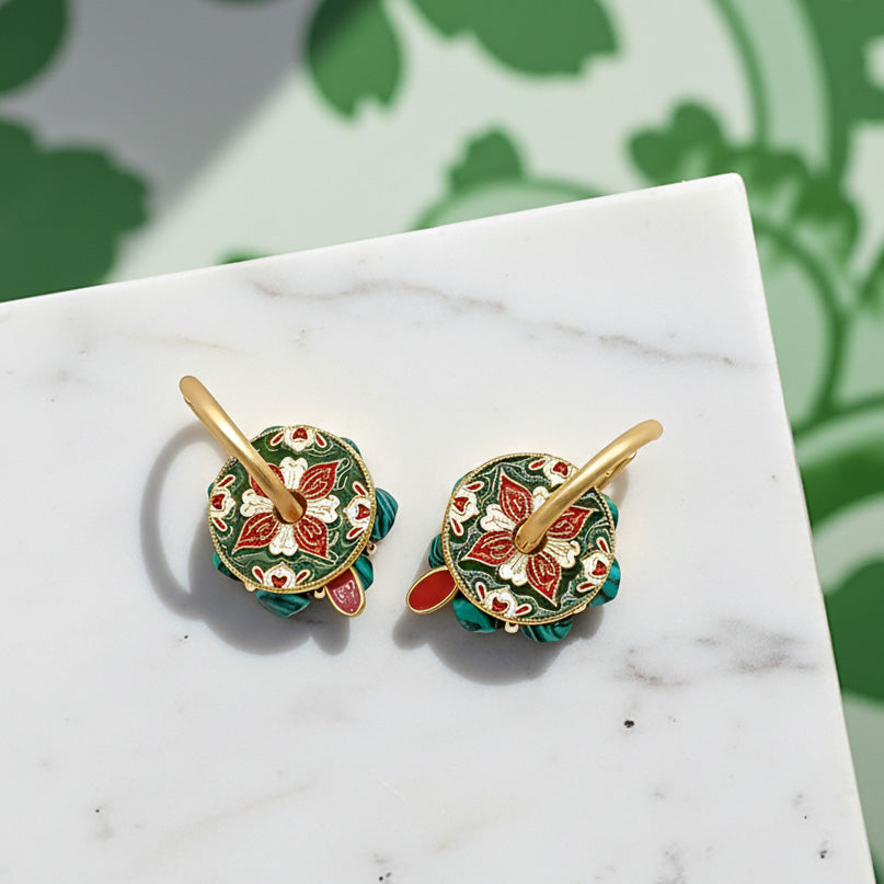 Convertible gold plated hoop earrings featuring green malachite stones and cloisonné enamel