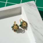 Multi-way cloisonné and malachite hoop earrings with pearl accents, handcrafted design