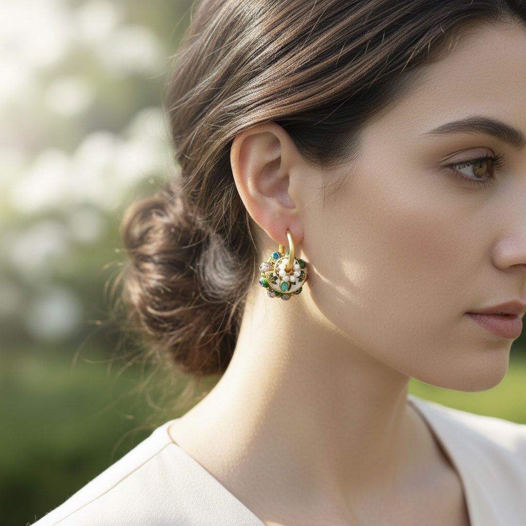 Elegant cloisonné enamel hoop earrings worn on model