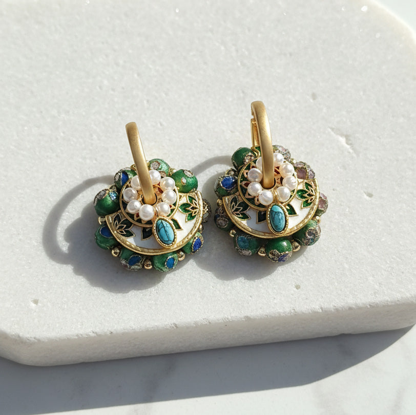 Convertible cloisonné hoop earrings with freshwater pearls and green enamel details